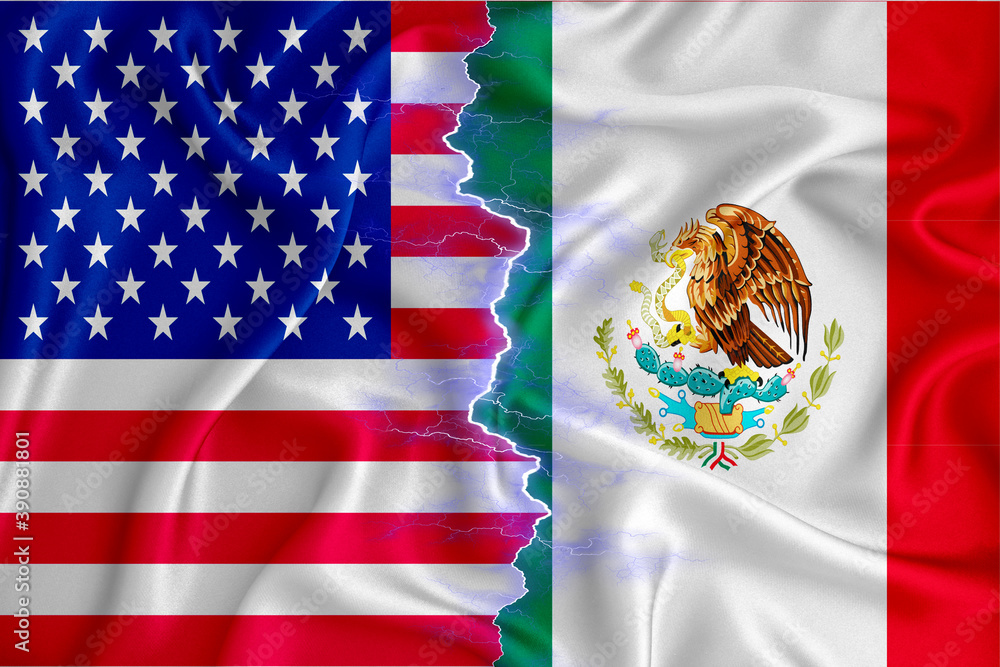 Mexico and US flag on zipper crossed textured fabric. The concept of ...