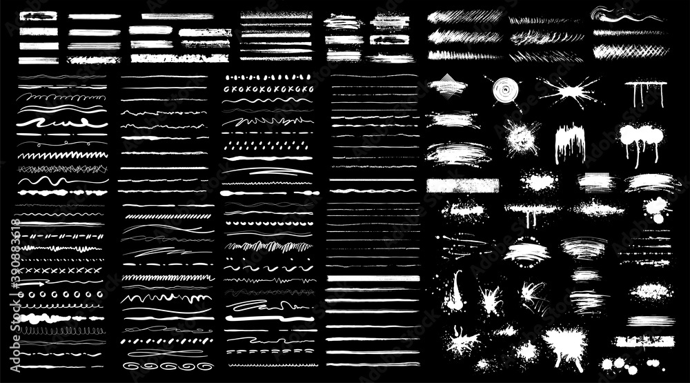 Collection of black paint. Spray paint elements, brush stroke, black splashes set. Sketch grunge charcoal, texture rough scratching pencil chalk line,freehand doodle scribble stroke art brushes vector - obrazy, fototapety, plakaty 