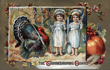 Two Girls In Old Fashion White Cooks Outfits. Vintage Thanksgiving Theme Postcard, Restored Artwork, Colors And Details Enhanced. Festive Autumn Illustrations From The Past. 800 Dpi