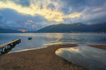 Montenegro, autumn. Beautiful evening  landscape on coast of Kotor Bay ( Adriatic Sea ) near Tivat city