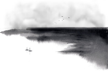minimalist ink wash painting landscape with fishing boats and sea coast. traditional japanese ink wa