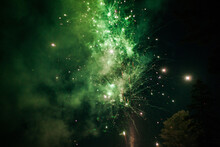 Green Fireworks In The Night Sky