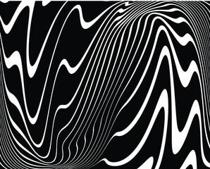 Line art optical art. Psychedelic background. Monochrome background. Optical illusion style. Black dark background. Modern pattern. Abstract graphic texture. Graphic ornament. Vector templat