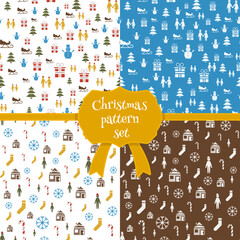 Wall Mural - Set of christmas seamless patterns in cartoon style. Vector Christmas icons and templates. Doodle style Christmas cards.