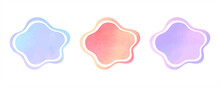 Colorful Watercolor Vector Liquid Rounded Shapes, Fluid Frames Set. Gradient Blue, Lilac, Pink Watercolour Stains Texture. Hand Drawn Painted Graphic Design Elements, Text Backgrounds Collection. 