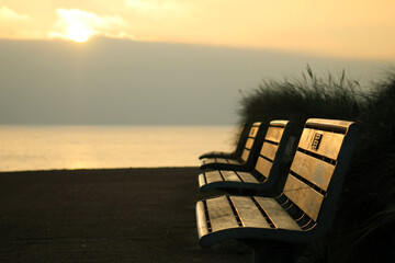 Three benches, one with a memorial plaque next to the ocean at sunset or sunrise. 