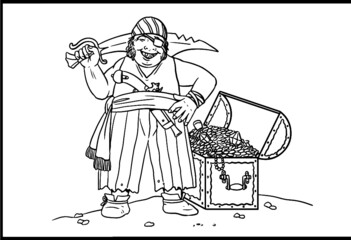 Sticker - Pirate with the treasure chest for coloring. Vector template for children.
