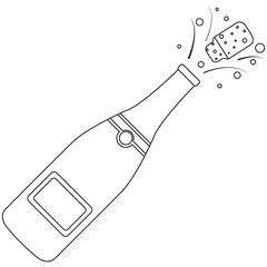 Vector illustration black isolated open bottle of champagne, doodle on white background. Simple flat style.