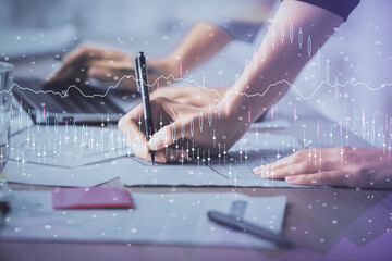 Fototapete - Multi exposure of woman hands typing on computer and financial chart hologram drawing. Stock market analysis concept.