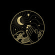 Prayer hand with crescent moon and star in the middle of the night with big waves or storm. Lineart, decorative  or boho style. vector, illustration. For spiritual guidance tarot reader, tattoo. 