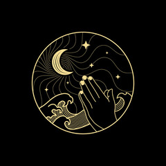 Wall Mural - Prayer hand with crescent moon and star in the middle of the night with big waves or storm. Lineart, decorative  or boho style. vector, illustration. For spiritual guidance tarot reader, tattoo. 