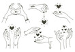Magic hands with hearts. Boho linear style mystical hand, hand drawn arms with magic heart. Magical hands keep hearts vector symbols set. Arms with tattoos and bracelets, love concept