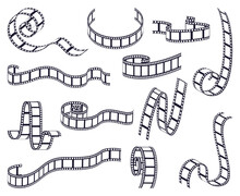 Curved Film Strip. Cinema Monochrome Movie Or Photo Tape, Strip Roll Border Fragments. Vintage Curved Filmstrip Isolated Vector Illustrations. Frames Of Different Shapes With Empty Space