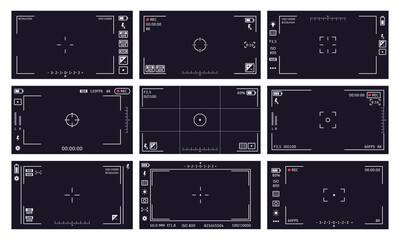Camcorder viewfinder interface. Camera viewfinder, digital display video quality, rec time, battery. Cam viewfinder screen vector illustrations. Focusing screen, image stabilization
