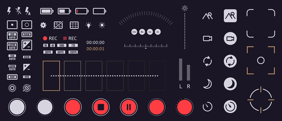 Smartphone camera icons. Mobile phone viewfinder interface elements, flash, quality, rec time, and battery ui icons. Phone camera vector symbols. Cellphone with functions for recording