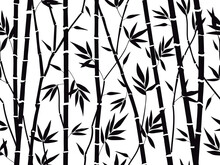 Bamboo Forest Texture. Bamboo Forest Silhouette, Bamboo Plants With Leaves Backdrop, Asian Bamboo Stalks Pattern Vector Background Illustration. Tree Branches With Foliage For Fabric
