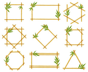 Wall Mural - Bamboo cartoon frames. Steam frame, bamboo stalks with leaves, asian bamboo sticks wooden borders vector illustration icons set. Frames of different shape tied with ropes as square, rectangle