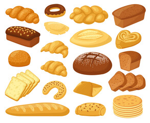 cartoon bread. bakery products, roll baguette, bread loaf and toast, sweet donut, cake and croissant