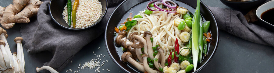 Udon noodles with mushrooms and vegetables