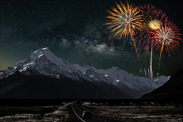 Wall Mural - Colorful of fireworks display on milkyway in night sky background.