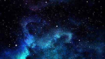 blue nebula clouds are moving closer in the dark, star-filled universe
