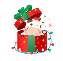2021 Year Of The Ox. Happy Cute Bull In Santa Hat Sitting In Red Gift Box With A Bow. Year Of The Bull. Greeting Card For Merry Christmas And Happy New Year. Cute Ox In A Red Gift Box With A Garland.