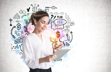 Wall Mural - Woman with tablet and business sketch