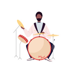 Wall Mural - African drummer flat color vector faceless character. Jazz band musician. Acoustic music performance. Man play on drum set isolated cartoon illustration for web graphic design and animation