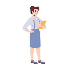 Wall Mural - Woman wearing formal suit holding documents in hands. Isolated businesslady or teacher, entrepreneur or boss. Manager or secretary with work tasks report. Cartoon character, vector in flat style