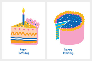 Happy Birthday Vector Cards Set. Abstract Infantile Style Colorful Cakes Isolated on a White Background. Best Wishes. Childish Style Vector Illustration for Birthday Party ideal for Card, Greeting.