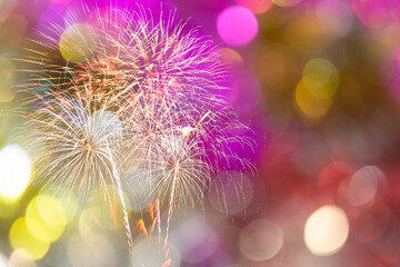 Wall Mural - colorful of fireworks display on bokeh light in pastel colored for background.