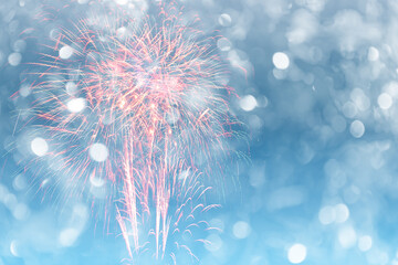 Wall Mural - colorful of fireworks display on bokeh light in pastel colored for background.