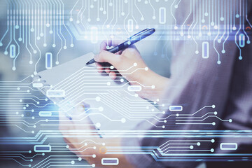 Fototapete - Multi exposure of woman's writing hand on background with data technology hud. Concept of innovation.