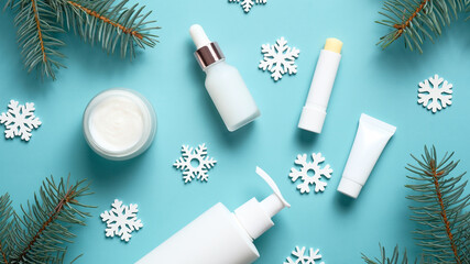 Wall Mural - set of winter skincare cosmetics on blue background. packaging design template. moisturizer cream ja