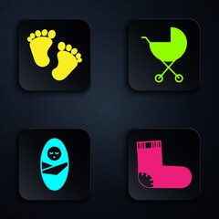 Poster - Set Baby socks clothes, Baby footprints, Newborn baby infant swaddled and Baby stroller. Black square button. Vector.