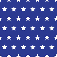 White Stars On Blue Background Grunge Style Seamless Vector Pattern. American Flag Repeating Background. 