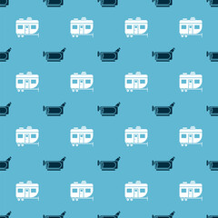 Sticker - Set Cinema camera and Rv Camping trailer on seamless pattern. Vector.