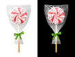 Round candy on stick in plastic wrapper with bow. Festive wrapped lollipop isolated on white and black background. Vector illustration for christmas, sweet food, new years day, holiday, dessert, etc