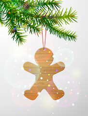 Wall Mural - Christmas tree branch with gingerbread man of wood. Christmas ornament of wooden planks hanging on pine twig. Vector image for christmas, new years day, decoration, winter holiday, tradition, etc