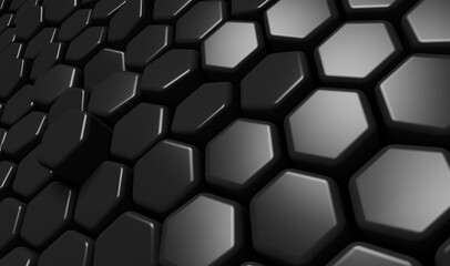 Wall Mural - Abstract black hexagon background; dark honeycomb pattern; close up of reflective hex geometric structure; perspective view, depth of field; 3d rendering, 3d illustration