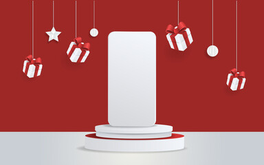 Wall Mural - Mockup studio and Phone on podium with christmas decoration for christmas product presentation.