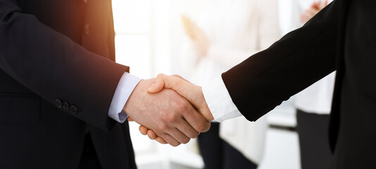 Businessman and woman shaking hands with colleagues at the background. Handshake at meeting in sunny office