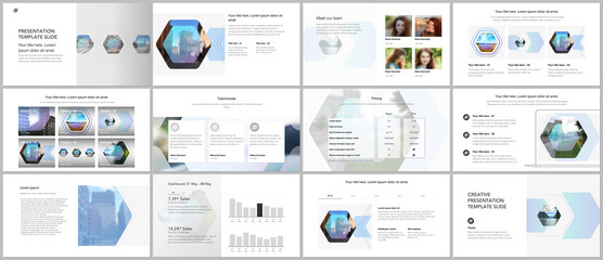 Sticker - Vector templates for website design, presentations, portfolio. Templates for presentation slides, flyer, leaflet, brochure cover, report. Corporate identity business concept background with hexagons.