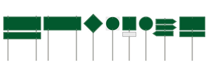 Wall Mural - Collection of blank green road sign or Empty traffic signs isolated on white background