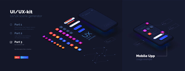 Wall Mural - toolkit-ui/ux scene creator. part 3 mobile application design. smartphone mockup with active blocks 
