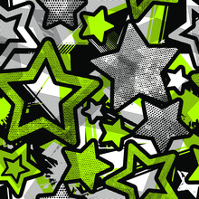 Abstract Seamless Grunge Stars Pattern In Graffiti Style, With Shape Textured Elements, Lines, Stars. Bright Green Background. Repeated Backdrop For Textile, Clothes. Original Wallpaper
