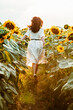 © phpetrunina14 - young woman in sundress walking by sunflowers field on sunset