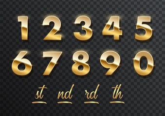 Gold numbers with endings made of golden ribbons isolated on transparent background. Vector decorative design elements