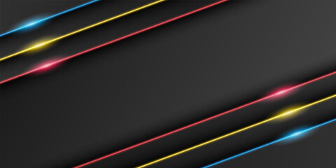 Wall Mural - abstract metallic black frame background, triangular overlap layer with red, yellow, blue light line