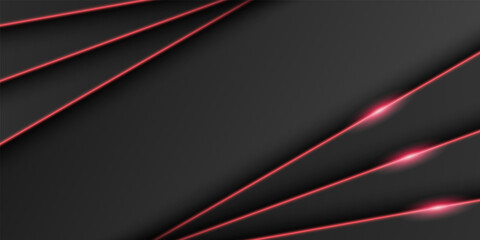 Wall Mural - abstract metallic black frame background, triangular overlap layer with bright red light line, diago